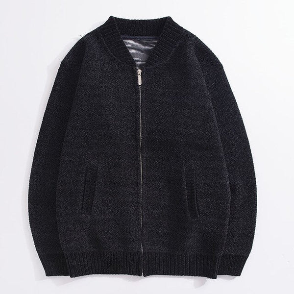 Autumn and winter knit jacket men's thick stand collar solid color plus velvet sweater cardigan men's casual jacket