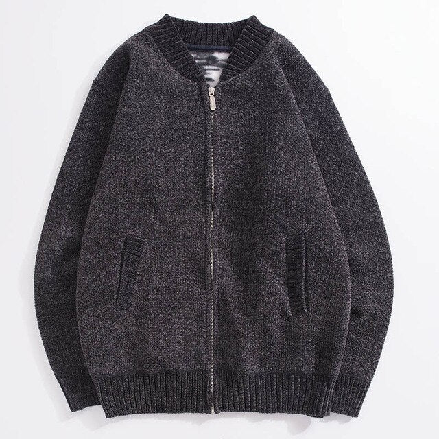 Autumn and winter knit jacket men's thick stand collar solid color plus velvet sweater cardigan men's casual jacket