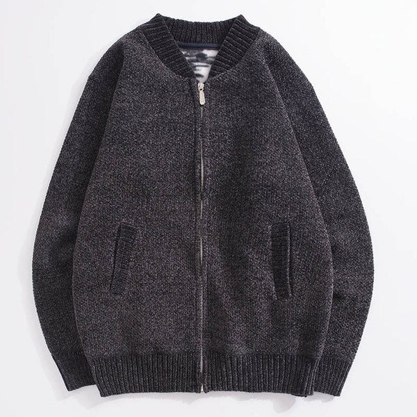 Autumn and winter knit jacket men's thick stand collar solid color plus velvet sweater cardigan men's casual jacket