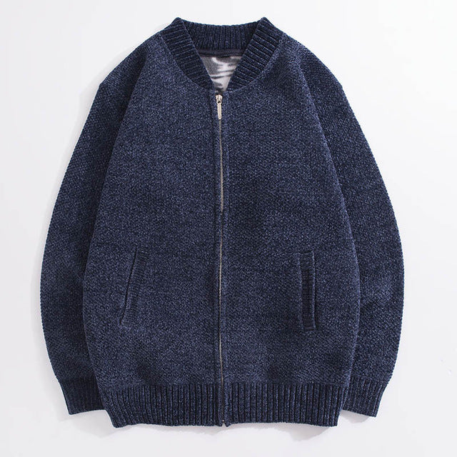 Autumn and winter knit jacket men's thick stand collar solid color plus velvet sweater cardigan men's casual jacket