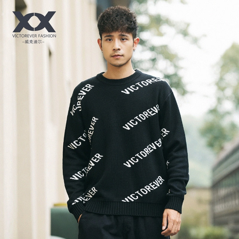 Autumn and winter original round neck sweater male loose falling shoulder letter jacquard men's sweater Korean version