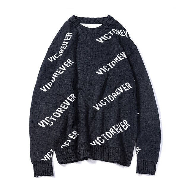 Autumn and winter original round neck sweater male loose falling shoulder letter jacquard men's sweater Korean version