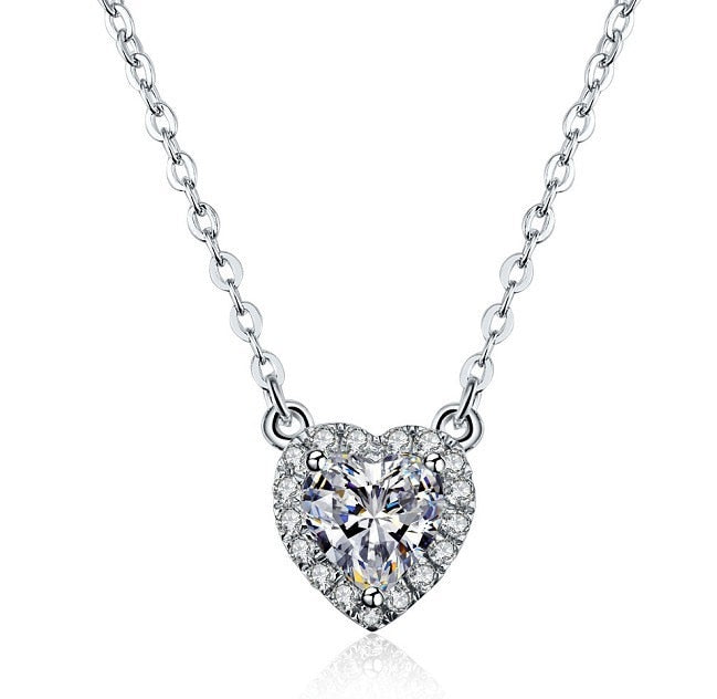THREEMAN Heart Shape Solid White Gold Necklace 2CT Synthetic Diamonds Pendant Engagement Sweater Pendant Necklace Chain