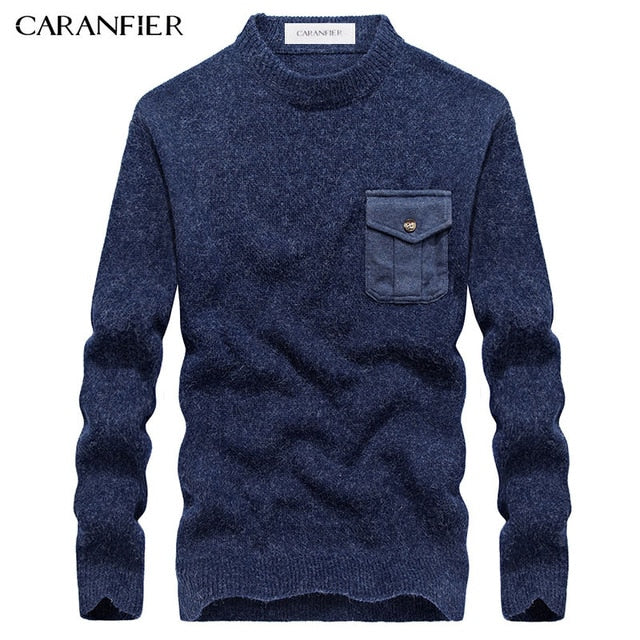 CARANFIER Winter Men Knitting Sweater Pullover Male Solid Cotton Casual Sweater O-Neck Pocket Men Leisure Christmas Style M~3XL