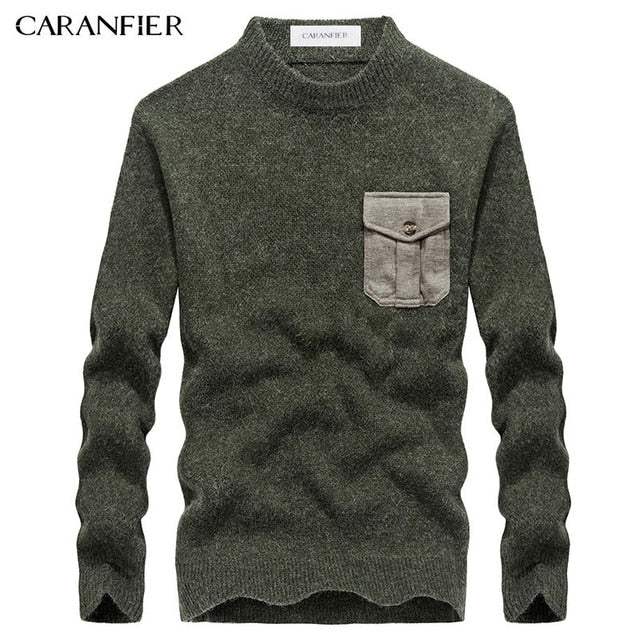 CARANFIER Winter Men Knitting Sweater Pullover Male Solid Cotton Casual Sweater O-Neck Pocket Men Leisure Christmas Style M~3XL