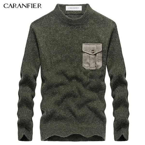 CARANFIER Winter Men Knitting Sweater Pullover Male Solid Cotton Casual Sweater O-Neck Pocket Men Leisure Christmas Style M~3XL