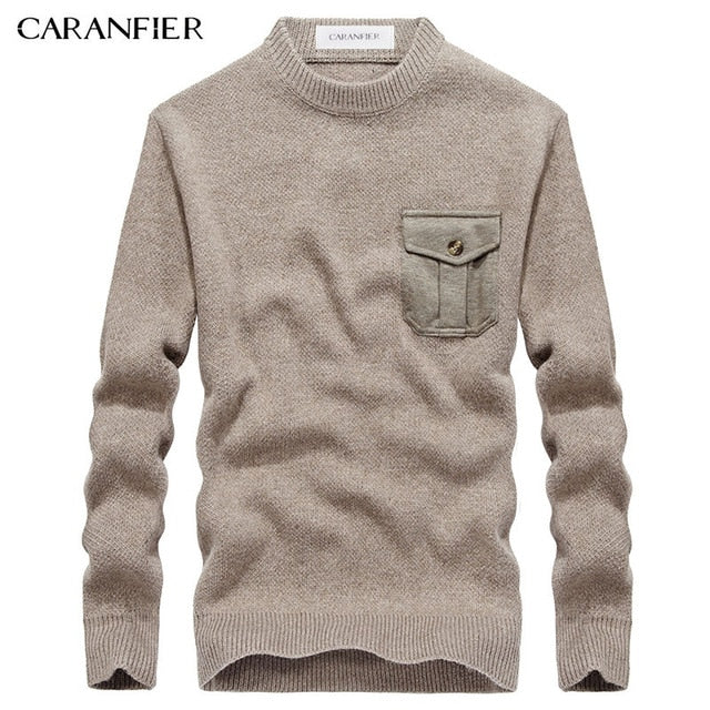 CARANFIER Winter Men Knitting Sweater Pullover Male Solid Cotton Casual Sweater O-Neck Pocket Men Leisure Christmas Style M~3XL