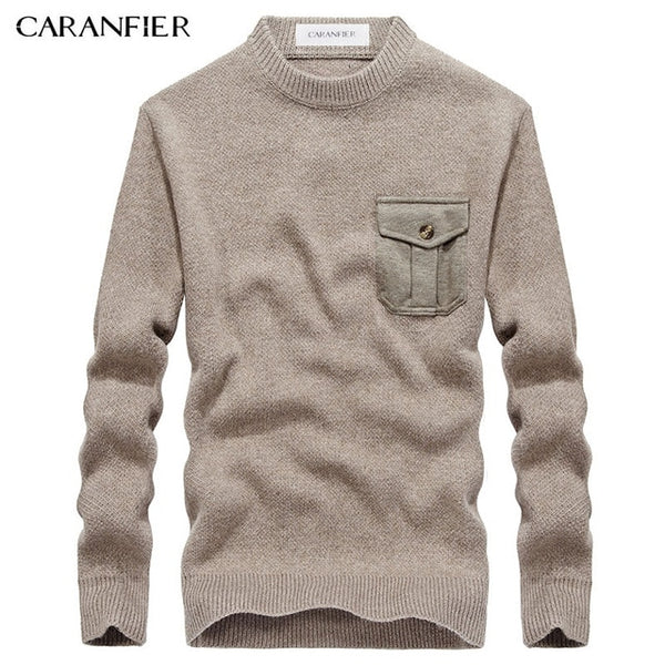 CARANFIER Winter Men Knitting Sweater Pullover Male Solid Cotton Casual Sweater O-Neck Pocket Men Leisure Christmas Style M~3XL