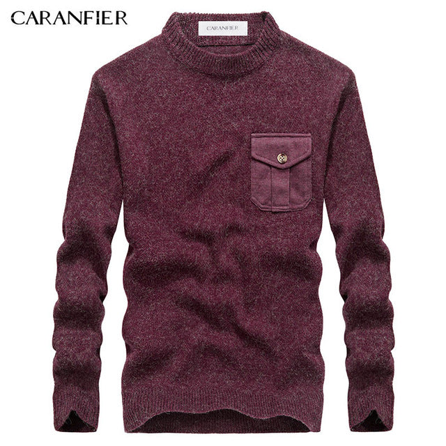 CARANFIER Winter Men Knitting Sweater Pullover Male Solid Cotton Casual Sweater O-Neck Pocket Men Leisure Christmas Style M~3XL