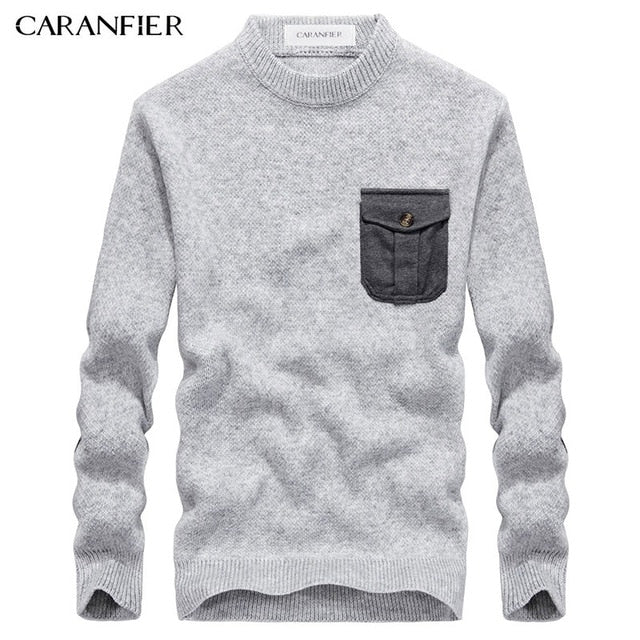 CARANFIER Winter Men Knitting Sweater Pullover Male Solid Cotton Casual Sweater O-Neck Pocket Men Leisure Christmas Style M~3XL