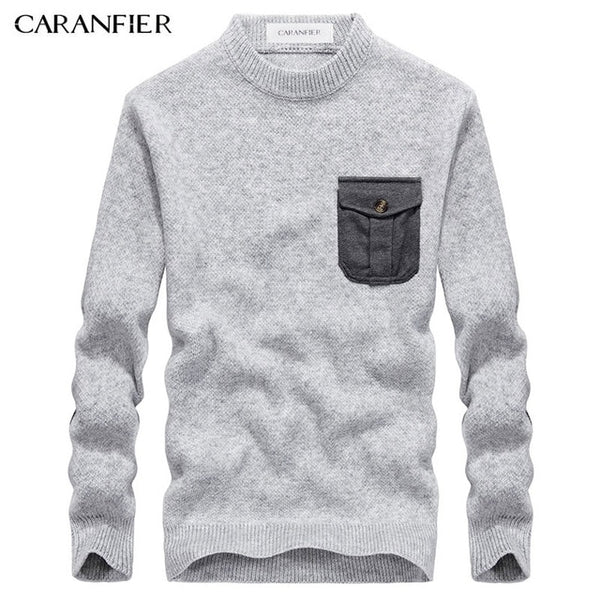 CARANFIER Winter Men Knitting Sweater Pullover Male Solid Cotton Casual Sweater O-Neck Pocket Men Leisure Christmas Style M~3XL