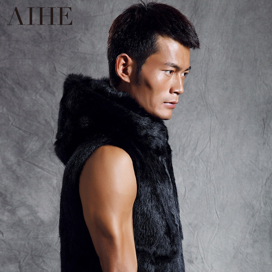 2015 spring male black fur vest genuine rabbit fur men's hooded coat top quality genuine leather XXXL Men rabbit sweater vest