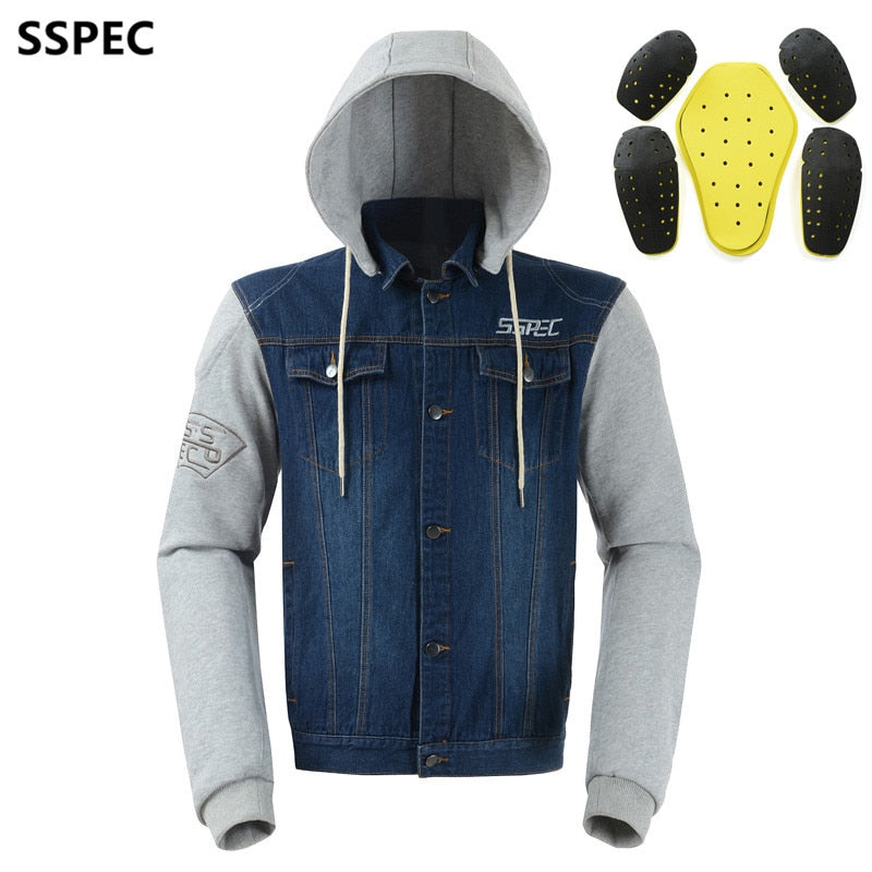 SSPEC Mens Denim motorcycle jacket Off-Road Racing hoodies Motorbike motorcross Protective Gear fashion casual sweater jacket