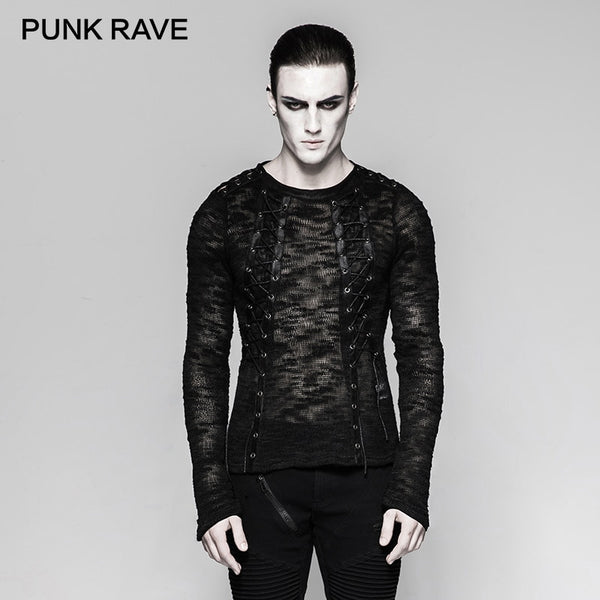 PUNK RAVE Punk Rock Black Newborn Lace-up Knitting Men Sweater T-Shirts Sexy Hollow-out Strappy Banaged Performace Tops Tees
