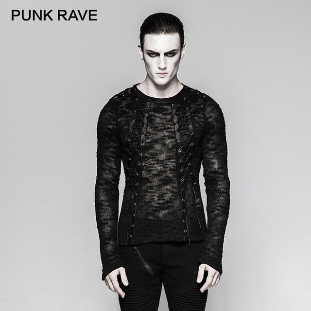 PUNK RAVE Punk Rock Black Newborn Lace-up Knitting Men Sweater T-Shirts Sexy Hollow-out Strappy Banaged Performace Tops Tees