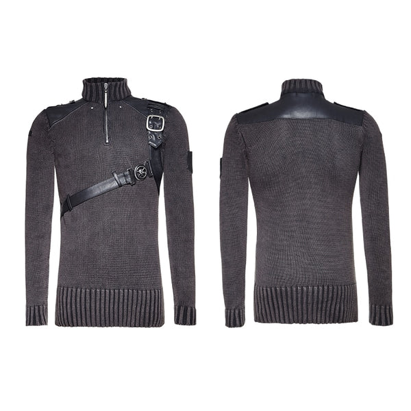 Punk Men Heavy Belt Vintage Skull Sweaters Long Sleeve Gothic O-Neck Sweaters With Zipper Winter Black Cotton Sweaters