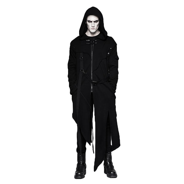 Punk Black Men's Hooded Long Sweater Coats With Stripes Worsted Detachable Cotton Jackets Darkly Casual Overcoat
