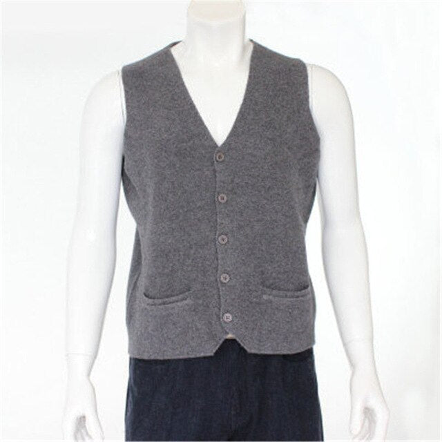 high quality 100%goat cashmere knit men fashion sleeveless thick cardigan vest sweater H-straight dark grey 6color S/2XL