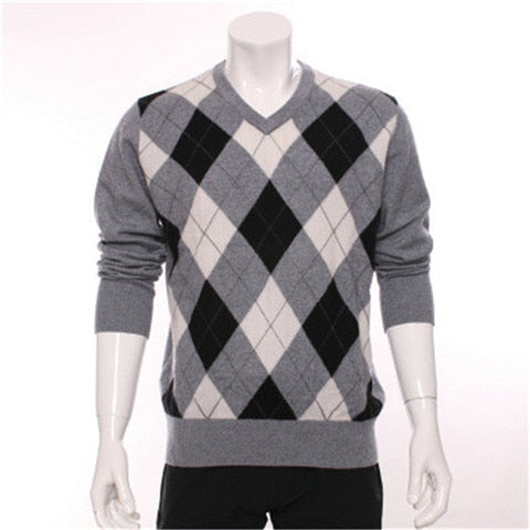 new arrival 100%goat cashmere v-neck knit men fashion argyle pullover sweater H-straight grey 2color S/2XL