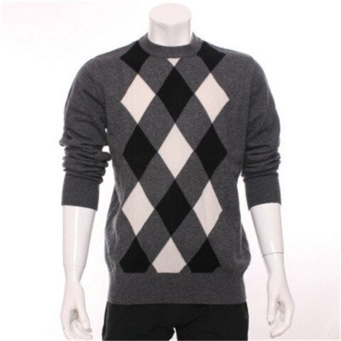 new arrival 100%goat cashmere v-neck knit men fashion argyle pullover sweater H-straight grey 2color S/2XL