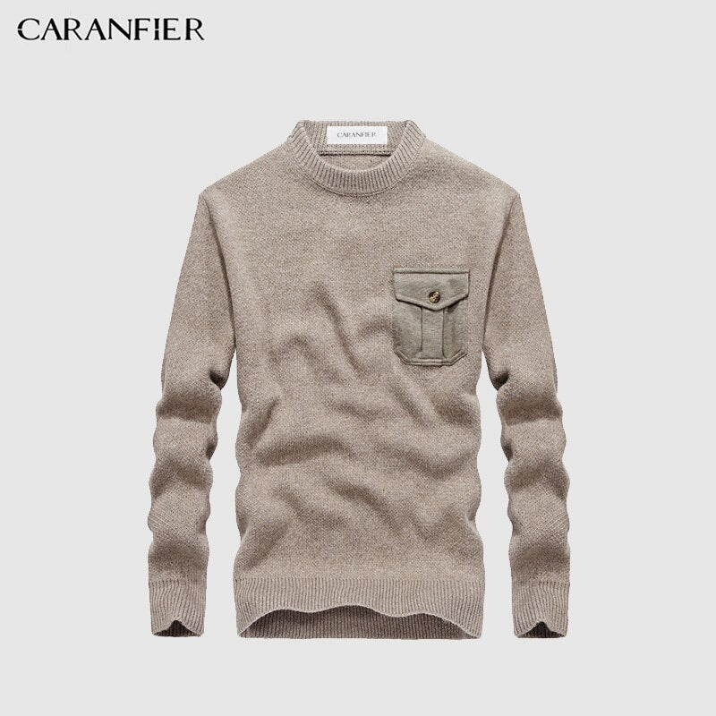CARANFIER Winter Men Knitting Sweater Pullover Male Solid Cotton Casual Sweater O-Neck Pocket Men Leisure Christmas Style M~3XL