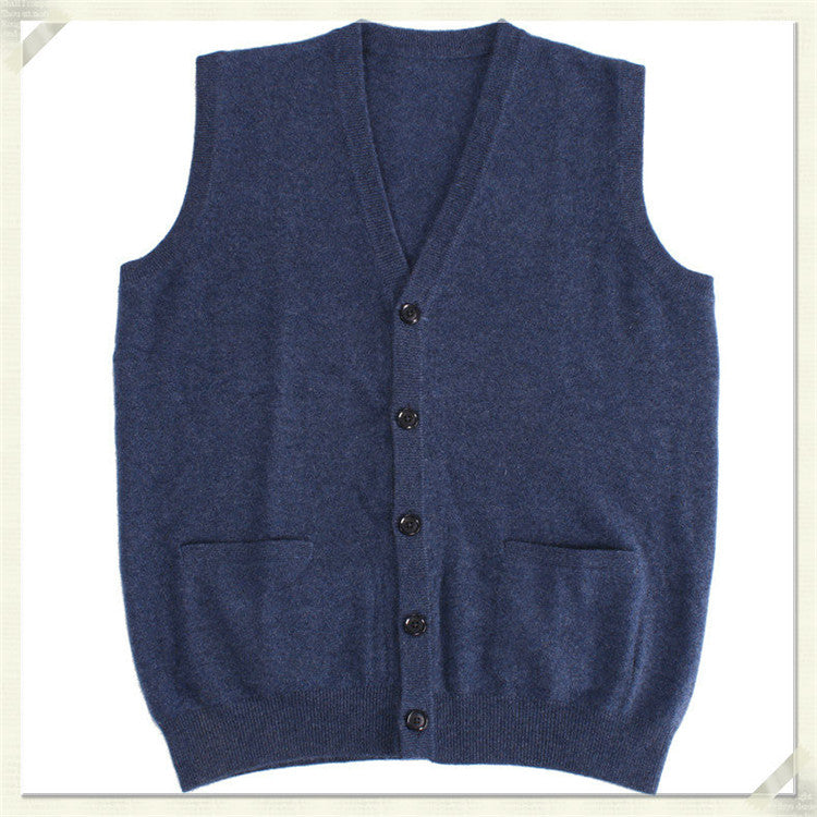 100%goat cashmerev-v-neck knit men fashion solid sleeveless cardigan vest sweater H-straight blue 2color S/2XL