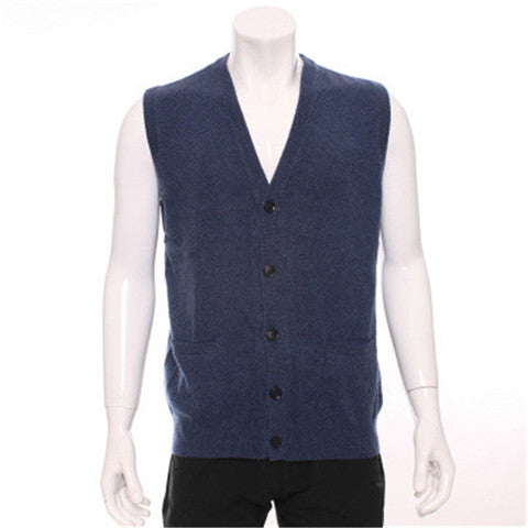 100%goat cashmerev-v-neck knit men fashion solid sleeveless cardigan vest sweater H-straight blue 2color S/2XL