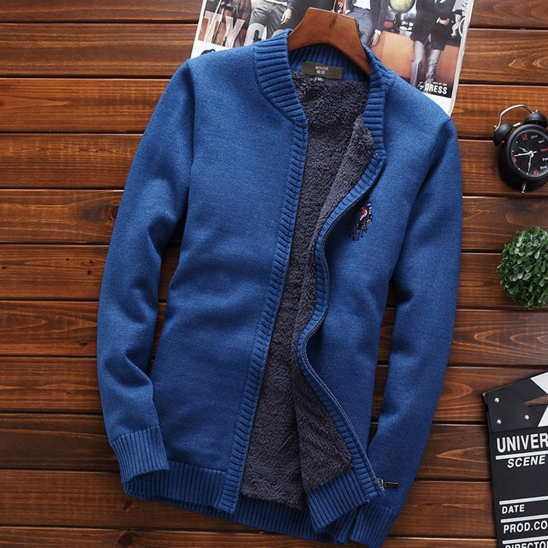 Men thermal sweatercoat plus velvet thick 2019 new winter male stand collar cardigan zipper sweater teenage boy Korean style M38
