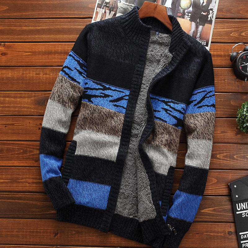 Men sweatercoat cardigan zipper 2019 new winter male casual stand collar plus velvet thick thermal sweater teenage boys M39