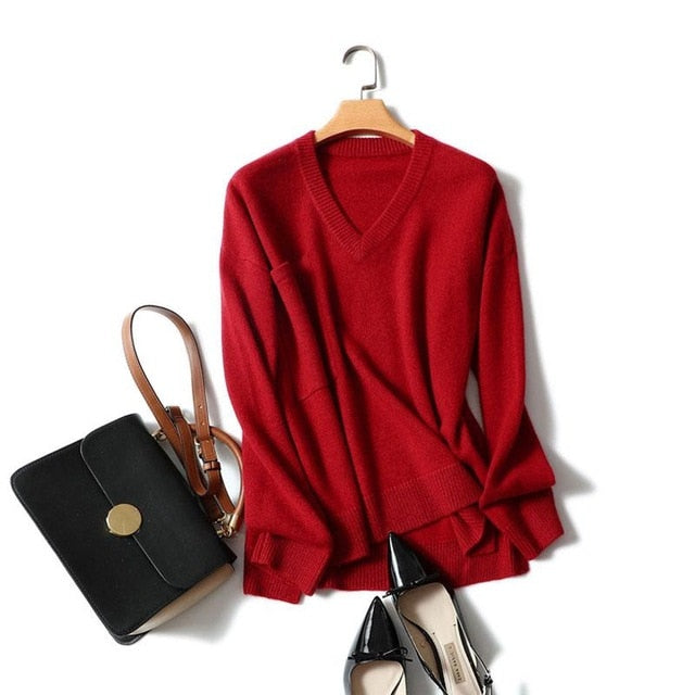 Shuchan 100% Cashmere V-neck Sweater Oversize Knitted Sweater Pocket Pullover 2018 Casual Winter Cashmere Sweater