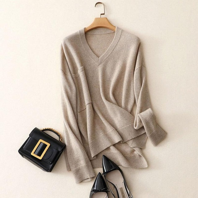 Shuchan 100% Cashmere V-neck Sweater Oversize Knitted Sweater Pocket Pullover 2018 Casual Winter Cashmere Sweater
