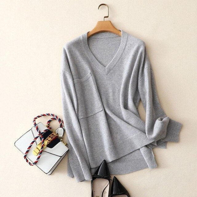 Shuchan 100% Cashmere V-neck Sweater Oversize Knitted Sweater Pocket Pullover 2018 Casual Winter Cashmere Sweater