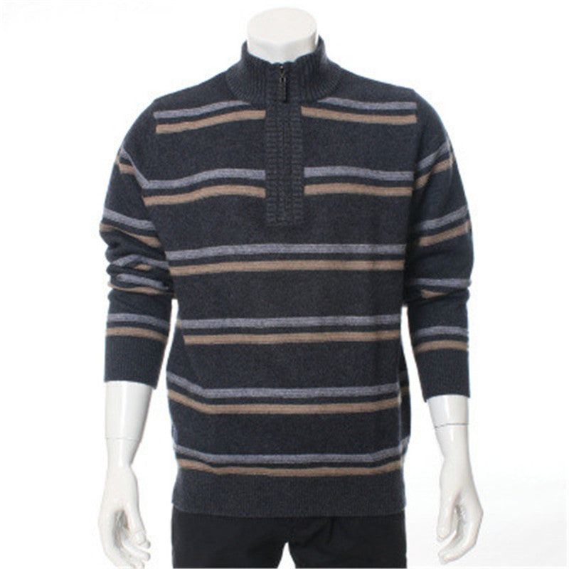 100%goat cashmere thick knit men fashion striped zipper half-high collar pullover sweater dark grey 2color S-2XL