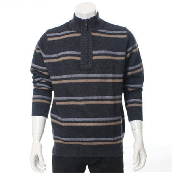 100%goat cashmere thick knit men fashion striped zipper half-high collar pullover sweater dark grey 2color S-2XL