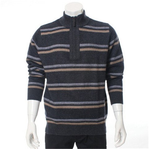 100%goat cashmere thick knit men fashion striped zipper half-high collar pullover sweater dark grey 2color S-2XL