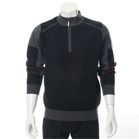 100%goat cashmere thick knit men fashion contrast color zipper half-high collar pullover sweater H-straight red 2color S/2XL