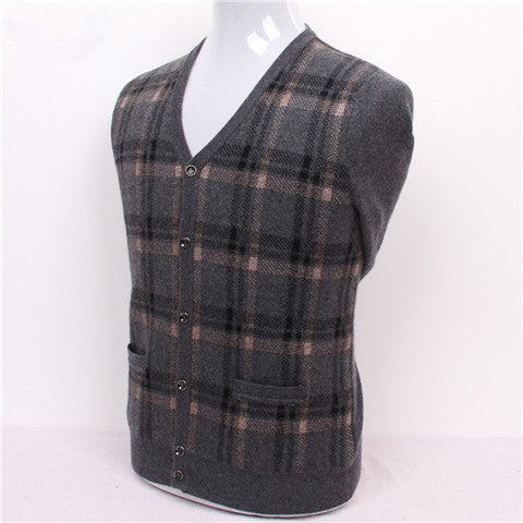 pure goat cashmere thick knit men plaid cardigan sweater Vneck grey 2color S/3XL
