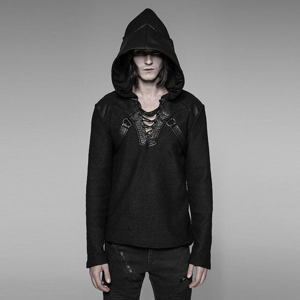 PUNK RAVE New Pullovers Black Sweaters Men Rock Gothic Pu Leather Stitching Personality Casual Pullovers Man T-Shirt Hoodie Tops