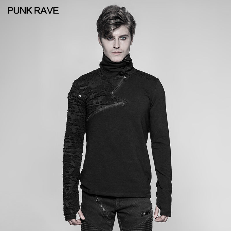 Punk Rave Black Casual Personality Zipper Eyelets Design Gothic Street Style Men's T-Shirt "S" Sweater WT535