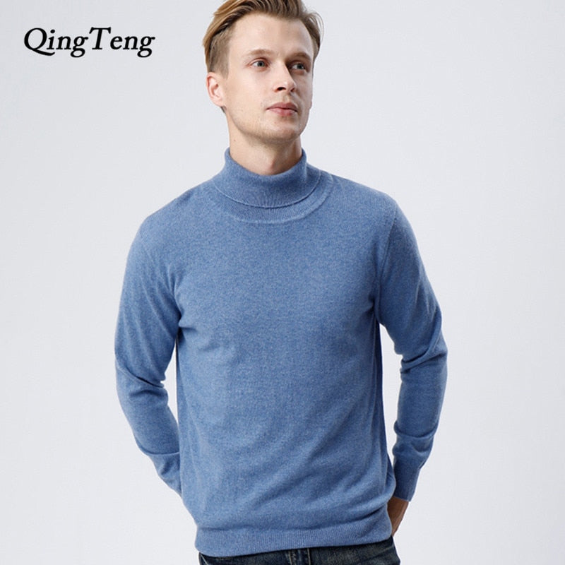 100 Real Cashmere Goat Sweater Men Turtleneck High Collar Knitted Jacket Male Slim Pullover Men Youth Wholesale With Collar