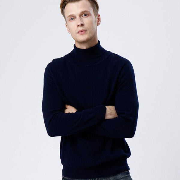 100 Real Cashmere Goat Sweater Men Turtleneck High Collar Knitted Jacket Male Slim Pullover Men Youth Wholesale With Collar