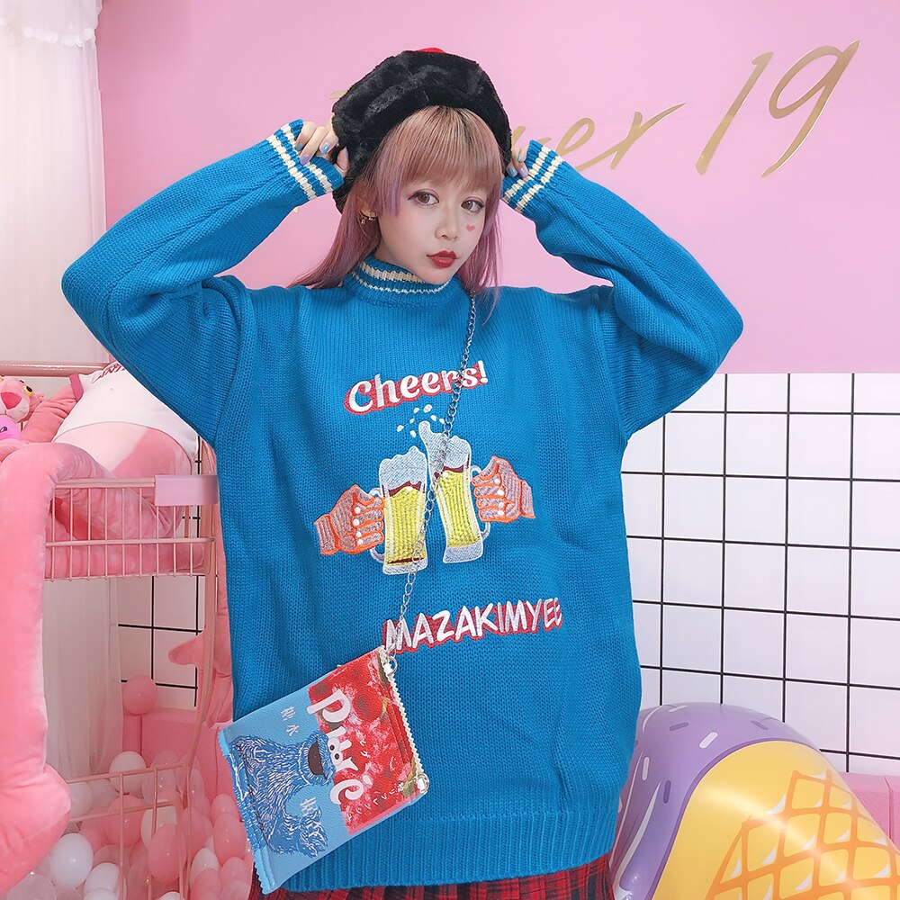Harajuku High-collar Embroidered Loose Medium and Long Edition Knitted Sweaters for Men and Women