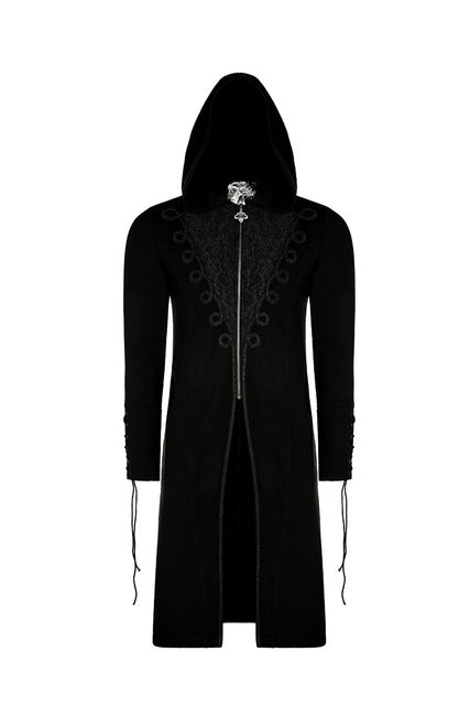 PUNK RAVE Men's Gothic Black Hooded Long Sweater Coat Steampunk Vintage 3D Jacquard Trench Party Club Men Jacket Long Coat Men