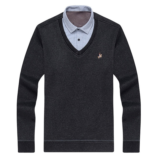 Aoliwen Men sweater shirt colar combination Plus velvet thickening Winter keep warm men clothes fleece lining soft winter shirts