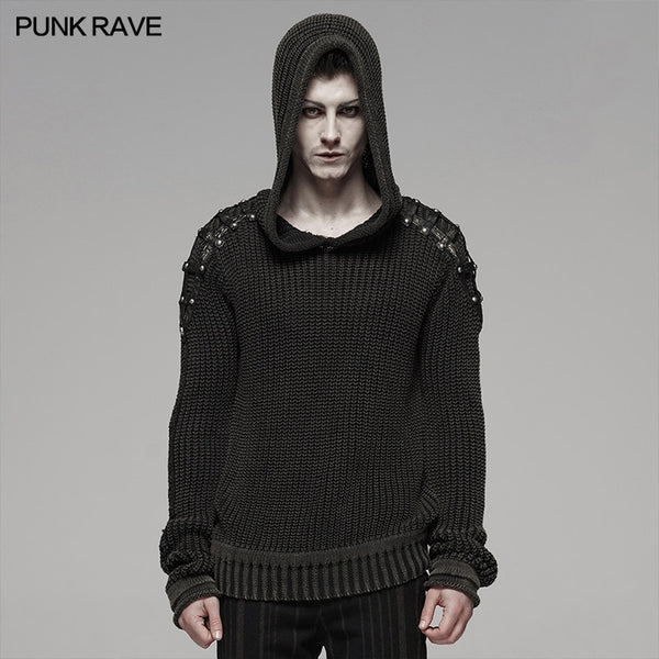 PUNK RAVE Punk Vintage Hooded Black Sweater Steampunk Retro Sweater Halloween Male Casual Fashion Dark Streetwear Pullovers