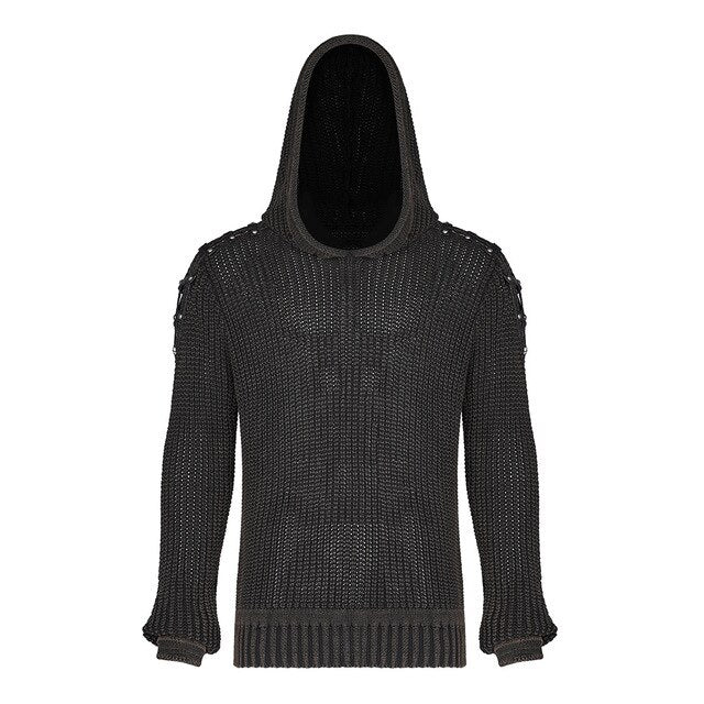 PUNK RAVE Punk Vintage Hooded Black Sweater Steampunk Retro Sweater Halloween Male Casual Fashion Dark Streetwear Pullovers