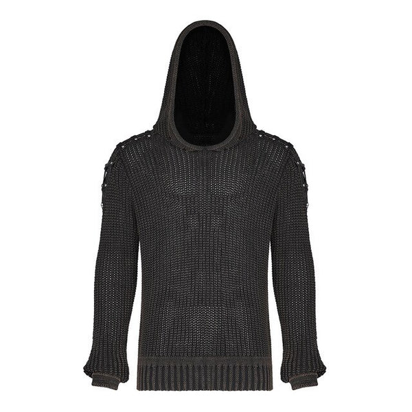 PUNK RAVE Punk Vintage Hooded Black Sweater Steampunk Retro Sweater Halloween Male Casual Fashion Dark Streetwear Pullovers