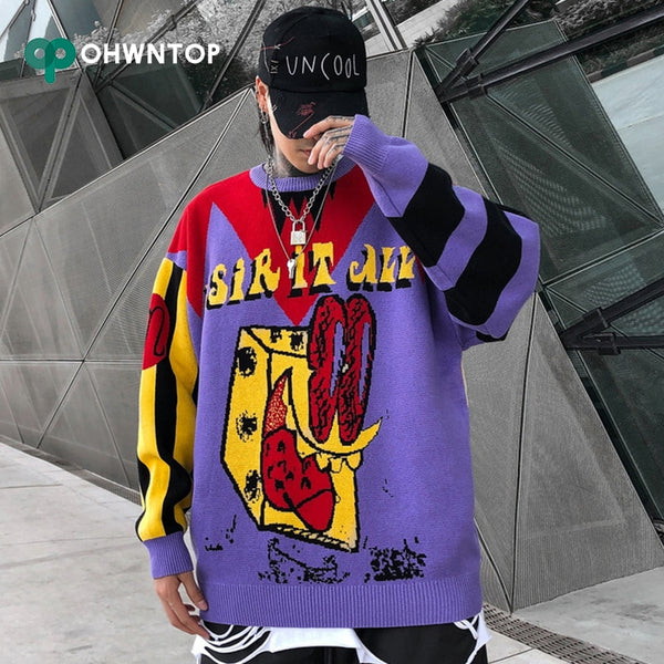 Fashion Hip Hop Purple Pullover Knit Sweater Men Brand Clothing Sweaters Loose Coat Tops Harajuku Sweaters Men Autumn Streetwear