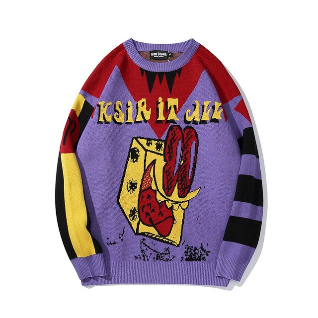 Fashion Hip Hop Purple Pullover Knit Sweater Men Brand Clothing Sweaters Loose Coat Tops Harajuku Sweaters Men Autumn Streetwear