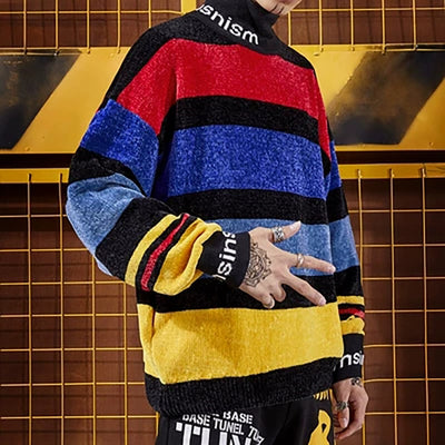 Loose Top Rainbow Stripes Sweater Knitted Trendy Pullover Men Sweater Turtleneck Winter Oversized Mens Christmas Sweater Clothes